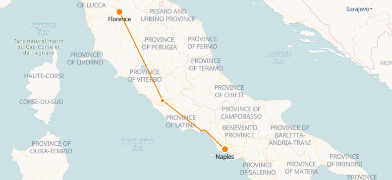 Florence to Naples train map